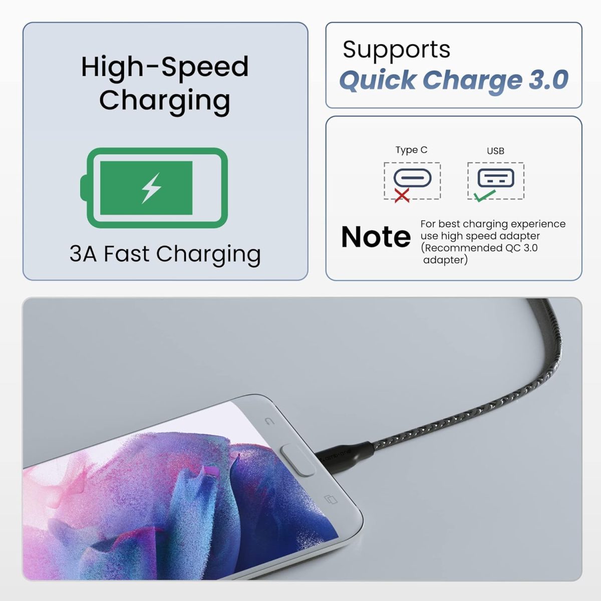 Ambrane Unbreakable 60W / 3A Fast Charging 1.5m Braided Micro USB Cable for Smartphones, Tablets, Laptops & Other Micro USB Devices, 480Mbps Data Sync, Quick Charge 3.0 (RCM15, Black) - Image 2