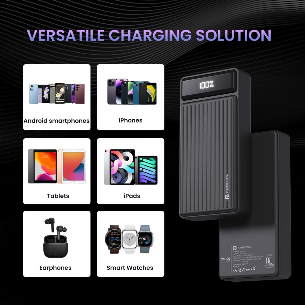 Portronics Luxcell B 20K Advanced 20000 mAh Power Bank with 22.5W Max Output, LED Battery Display, 22.5w Mach USB-A Output, 20w Type C PD Output, Type C Input, Wake Up Button(Black) - Image 6