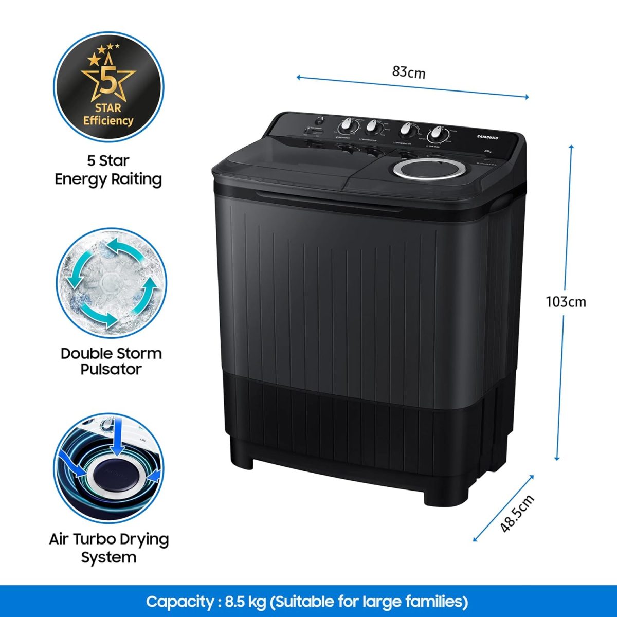 Samsung 8.5 Kg 5 Star Semi Automatic Top Load Washing Machine (WT85B4200GD/TL,DARK GRAY) - Image 3