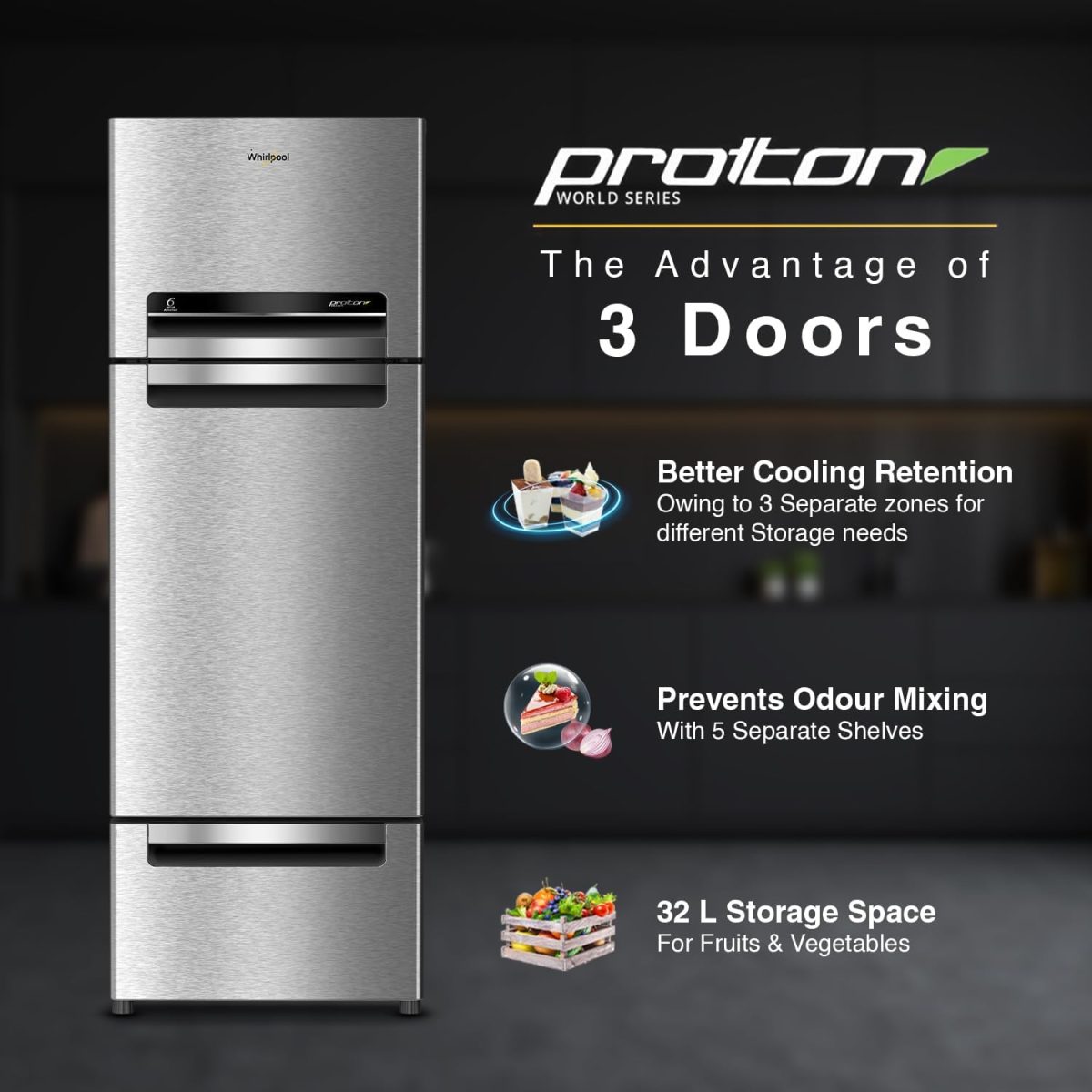 Whirlpool 215 L Frost Free Triple-Door Refrigerator [FP 223D PROTTON ROY RADIANT STEEL(Z) ] - Image 2