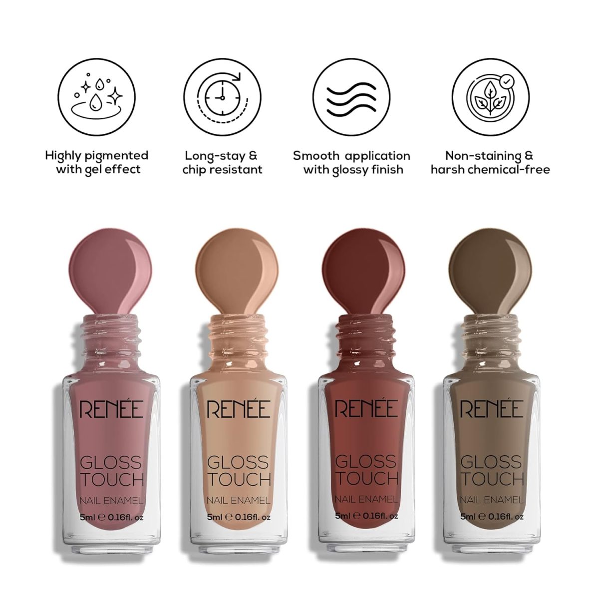RENEE Gloss Touch Nail Paint Set of 4, Quick Drying Nail Polish, Glossy Gel Finish Nail Kit, Highly Pigmented & Long Lasting Enamel, Chip Resistance 5ml Each Gift Set for Women N02 Everyday Nudes - Image 5