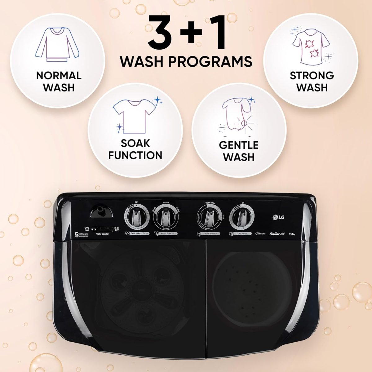 LG 11.5 kg, 5 Star, Roller Jet Pulsator with Soak, Wind Jet Dry Technology, Semi-Automatic Top Load Washing Machine (2025 Model, P115ASDAZ, Smart Filter & Rat Away feature) - Image 3