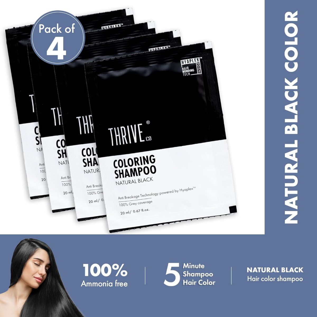 ThriveCo Natural Black 5-Minute Coloring Shampoo | 100% Grey Coverage - 20ml X 4 | Ammonia-Free | Infused with Hyaplex™ | Hydrates Hair & Delivers Deep, Long-Lasting Color | 80 ML - Image 6
