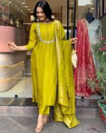 Yashika Women's Silk Blend Jacquard Kurta and Pant with Dupatta Set and Khatali Work Suitable For Every Indian Occasion - Image 3