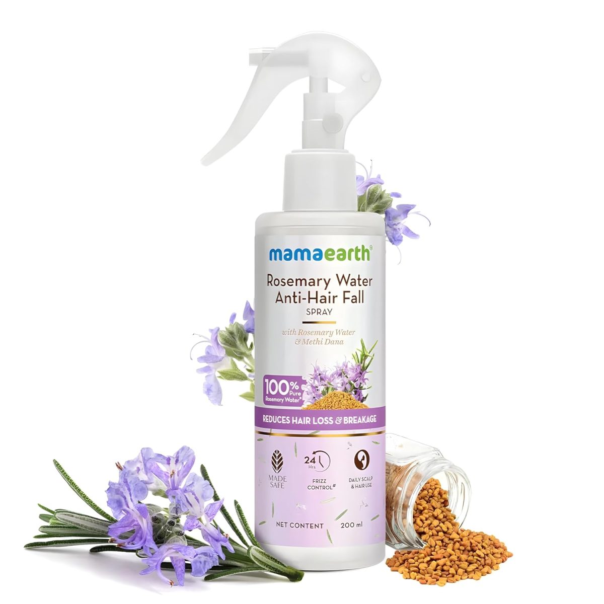 Mamaearth Rosemary Water Anti-Hair Fall Spray with 100% Pure Rosemary Water & Methi Dana | For Hair Growth | Stronger & Denser Hair | 24-H Frizz Control | Folligen ANALupe, Fision Aquashield | Shiny & Smooth Hair | 200 ml - Image 3