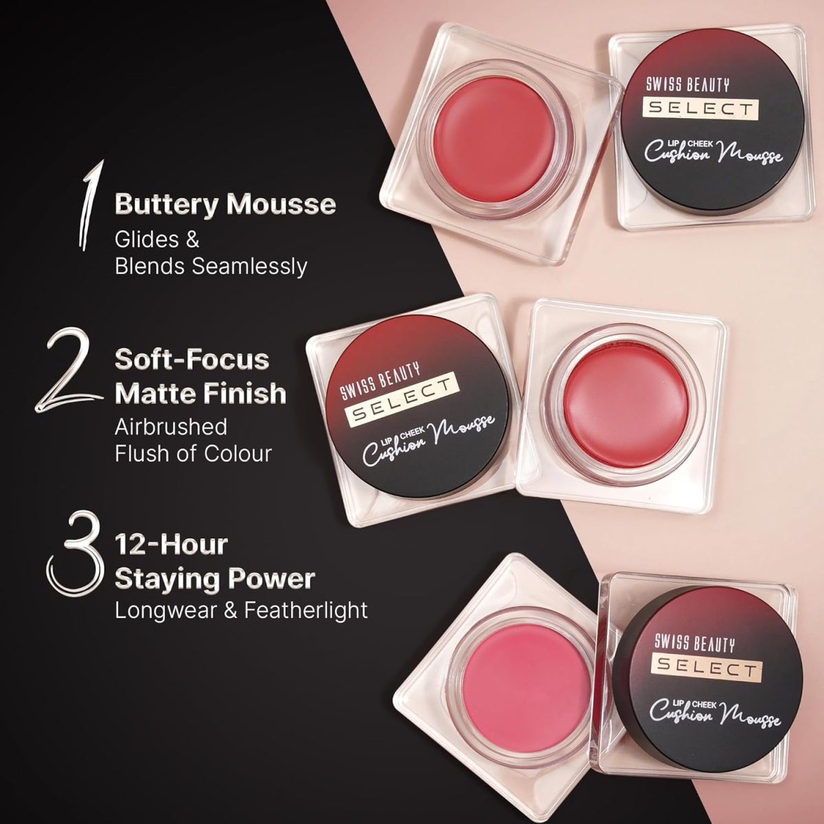 Swiss Beauty Select Lip And Cheek Cushion Creamy Mousse with Vitamin E | 12 Hours Stay | Shade- Vogue Rose, 4.5gm | - Image 3