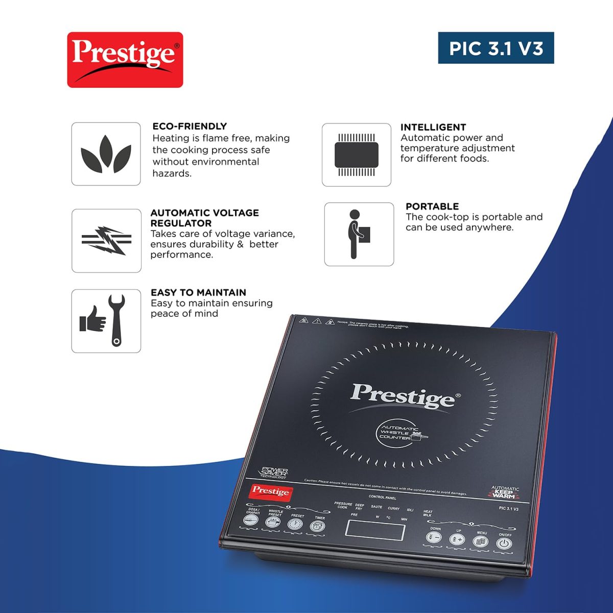 Prestige Iris Plus 1600 Watts Induction Cooktop with Automatic Voltage Regulator | Indian Menu Option |Anti-Magnetic Wall | Timer with User Pre-set | 1 Year Warranty | Black - Image 5