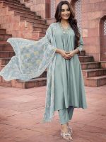 SHIENZY Women's Embroidered Work Chanderi Kurta & Pant With Dupatta || Straight Kurta Outfits || Ethnic Set (1656 Kurta Set) - Image 5