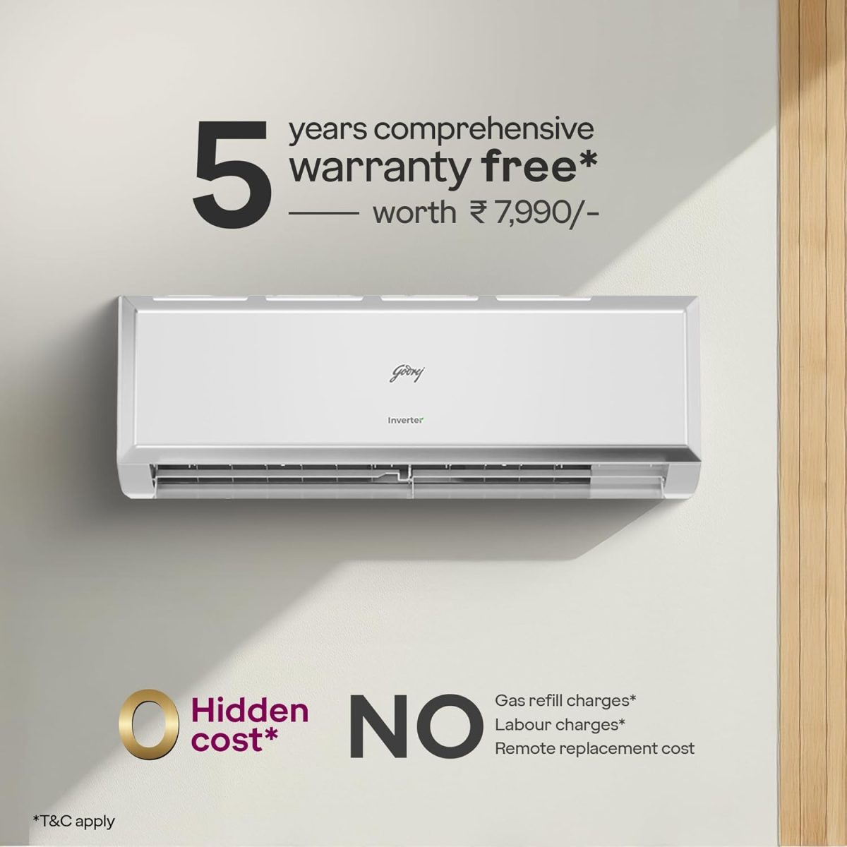 Godrej 1 Ton 3 Star, 5 Years Comprehensive Warranty, 5-In-1 Convertible Cooling, Inverter Split AC (Copper, 2025 Model, Heavy duty cooling at 52 °C, AC1T EI 12PINV3R32 WYQ 3S, White) - Image 7