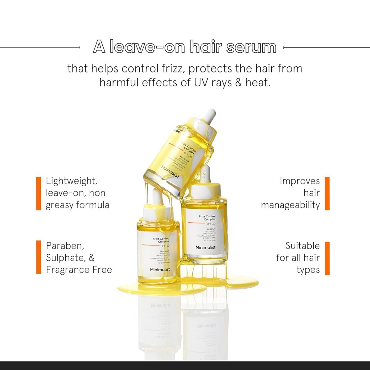 Minimalist Anti-Frizz Hair Serum SPF 30 With Keratin, Argan Oil & Ceramides for Dry Hair | Heat Protection Serum, Smoothens & Protects From UV | Lightweight | Leave In For Women & Men | 50 ml - Image 2