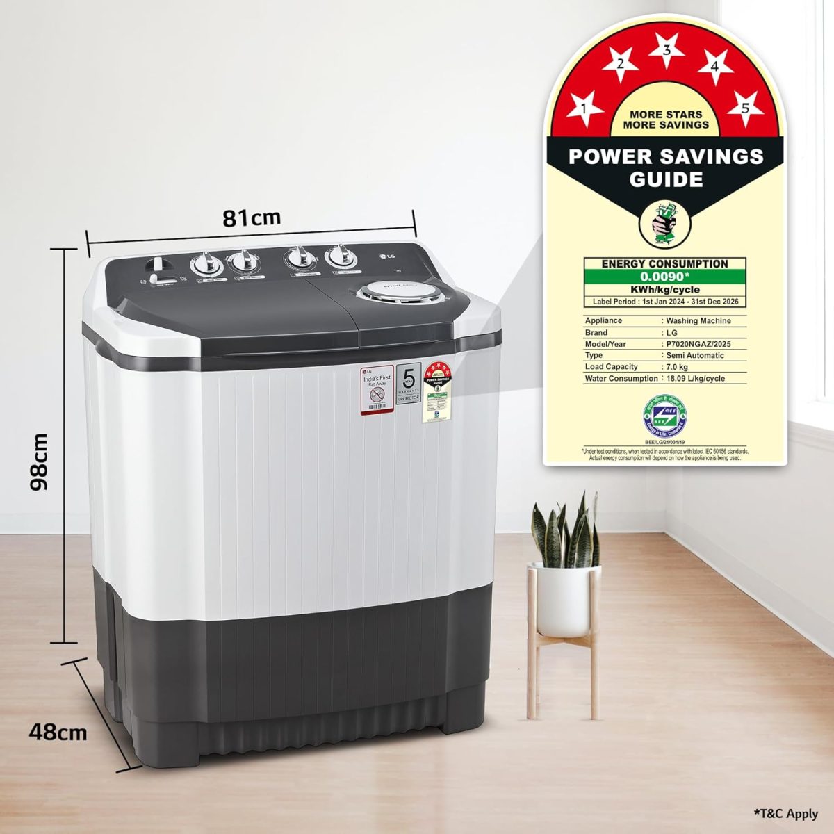 LG 7 Kg 5 Star Wind Jet Dry Semi-Automatic Top Loading Washing Machine (P7020NGAZ, Dark Gray, Rat Away Feature) - Image 5