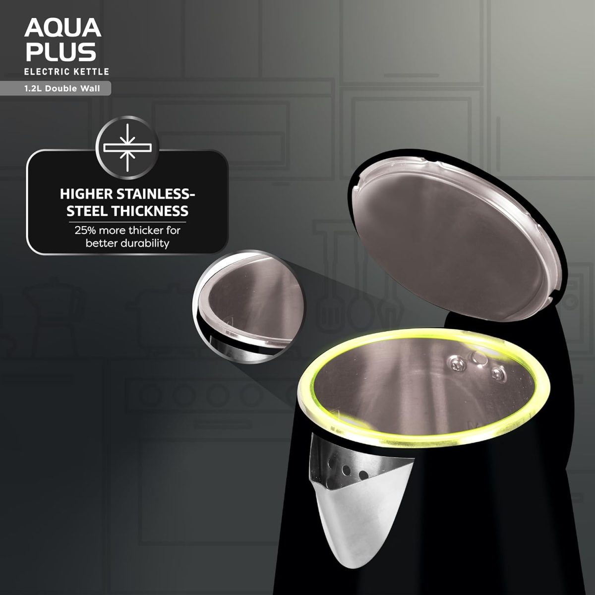 Havells Aqua Plus Electric Kettle 1.2 Litre, 1250 Watt | 304 Stainless Steel Inner Body | Cool Touch Body | Auto Shut-Off |Wider Mouth| 2 Year Warranty (Black) - Image 4