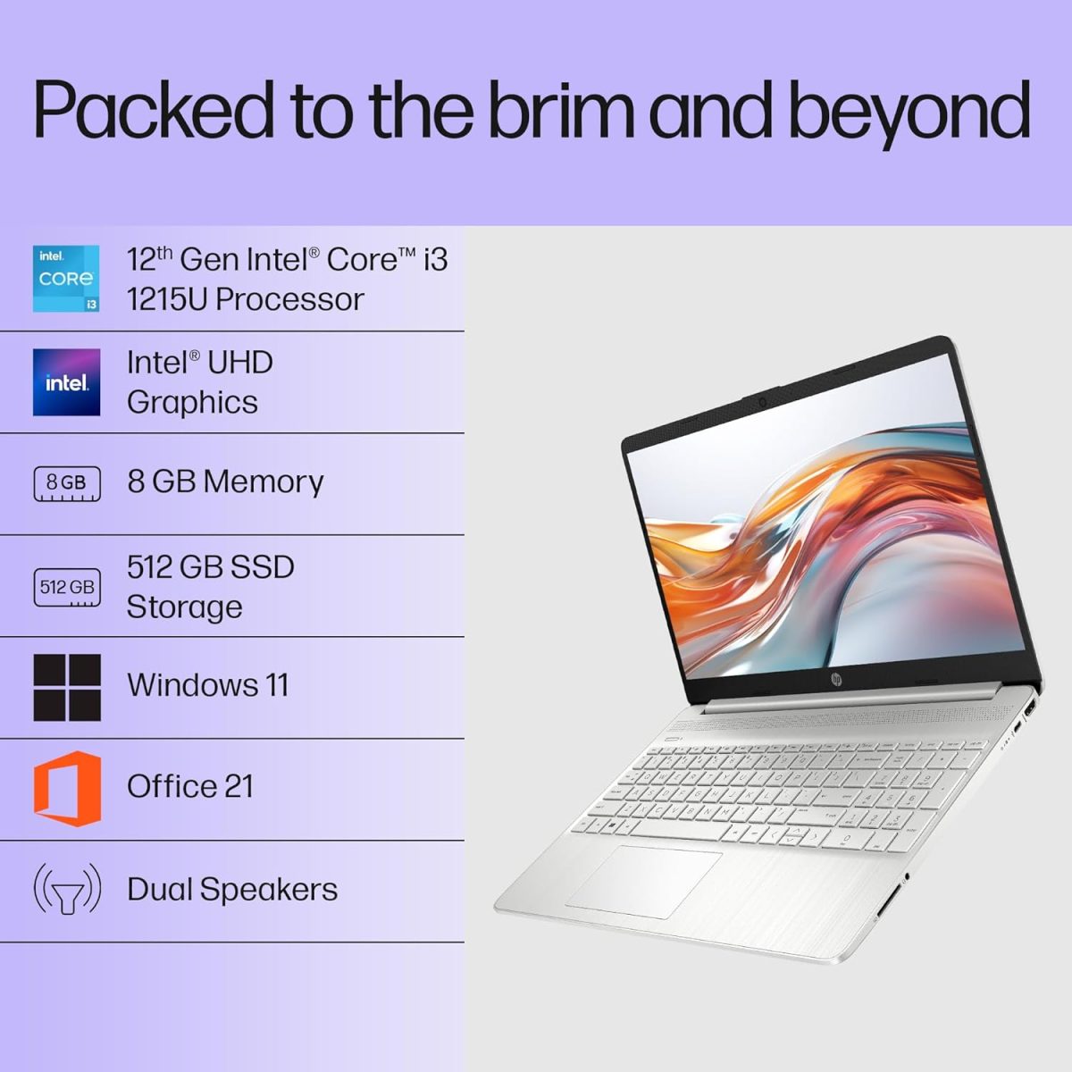 HP 15s, 12th Gen Intel Core i3-1215U Laptop (8GB DDR4, 512GB SSD) Anti-Glare, 15.6"/39.6cm, FHD, Win 11, MS Office 21, Silver, 1.69kg, Intel UHD Graphics, HD Camera, Dual Speakers, fy5011TU - Image 2