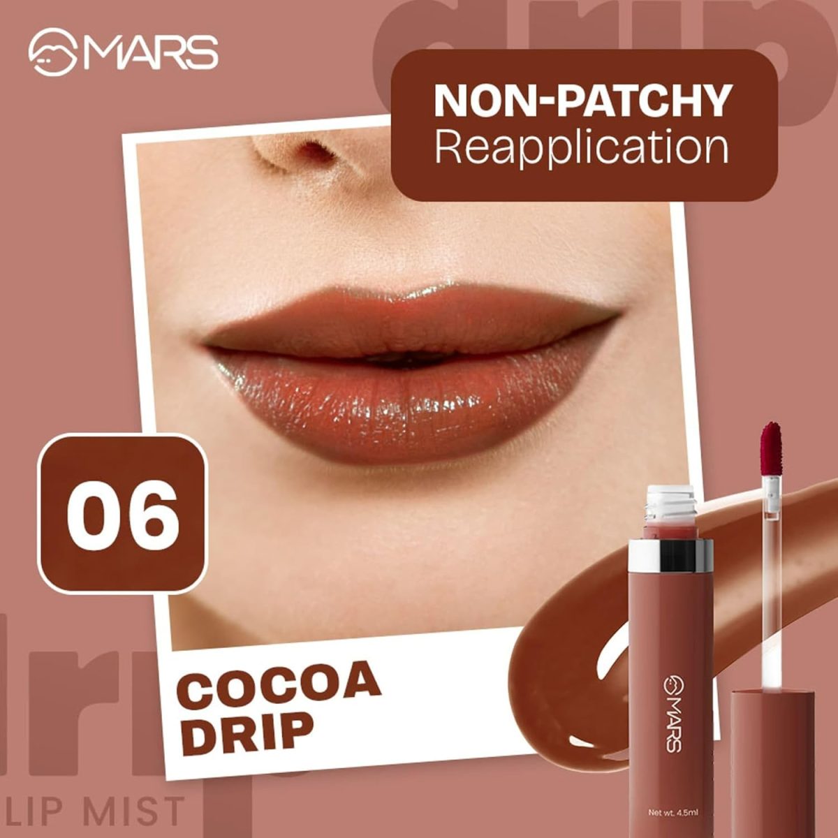 MARS Lip Mist for Women (4.5 ml) (06-Cocoa Drip) | Dual Function | Buildable Color | Glossy Finish | Long-Lasting | Hydration | Light-Weight Formula | Non-Patchy Reapplication - Image 2
