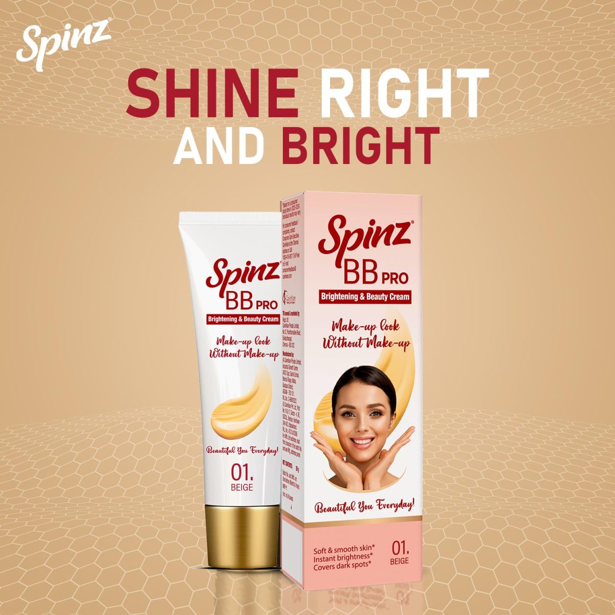 SpinZ Bb Pro Brightening & Beauty Full Coverage Radiant Face Cream With Spf 20 Pa++ (Beige 01) All-In-One Daily Cream With Silky Smooth Formula Instant Brightness, Covers Dark Spots (29G) - Image 5