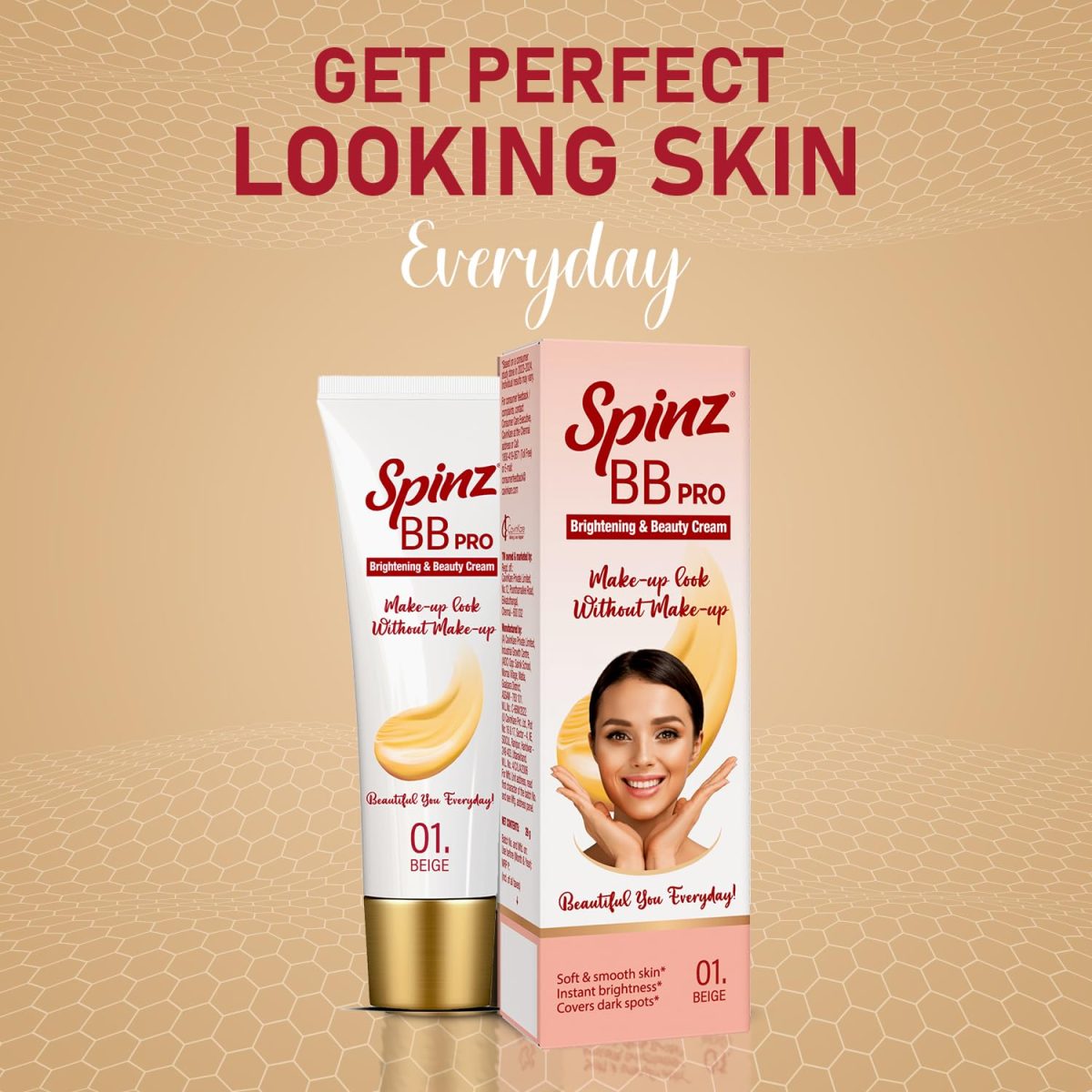 SpinZ Bb Pro Brightening & Beauty Full Coverage Radiant Face Cream With Spf 20 Pa++ (Beige 01) All-In-One Daily Cream With Silky Smooth Formula Instant Brightness, Covers Dark Spots (29G) - Image 2