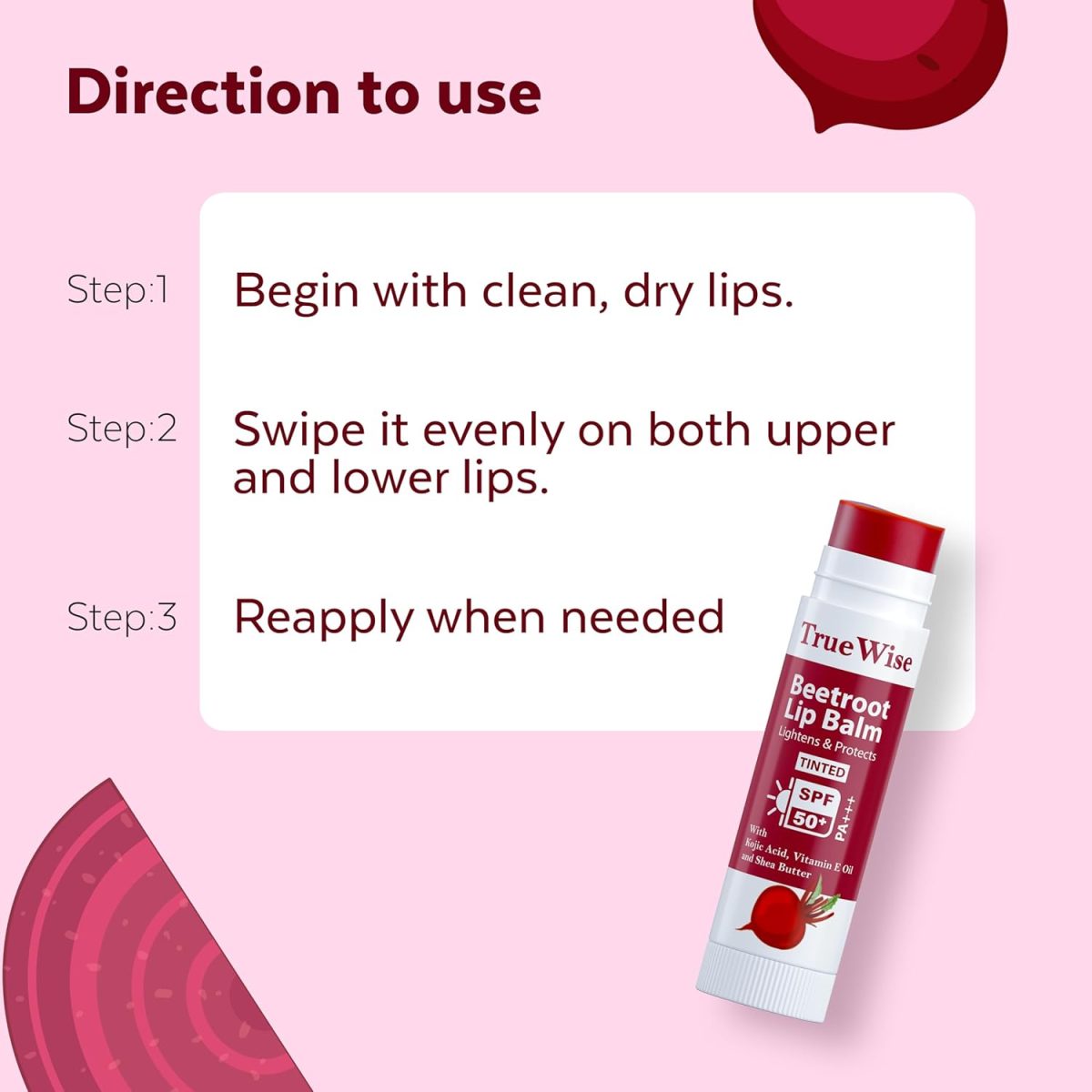 TrueWise® Tinted Lip Balm with SPF 50 PA+++ Brightening Beetroot Lip Balm For Dark Lips With Kojic Acid,Vitamin E, Soft, Glossy Lips- SPF lip balm for Women 5g - Image 6