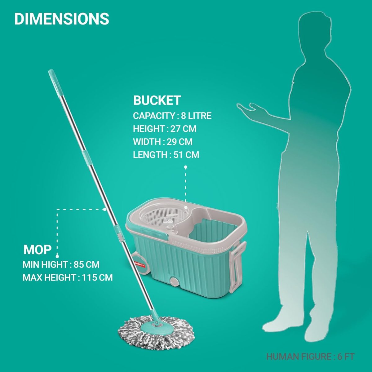 Spotzero by Milton Elite Spin Mop with Big Wheels, Puller Handle, Bucket Floor Cleaning and Mopping System 360° Flexible,2 Microfiber Refills, Big Size, Aqua Green - Image 7