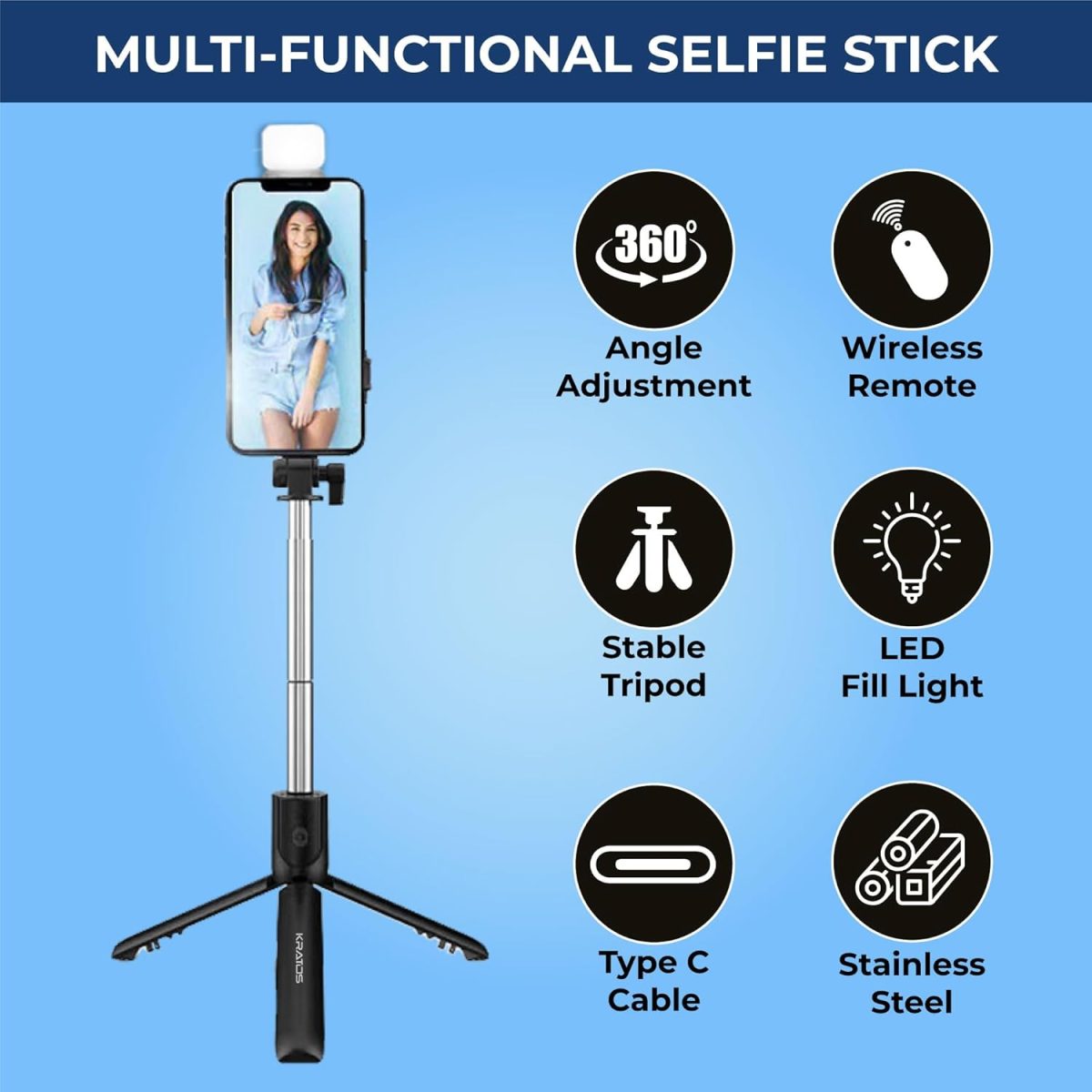Kratos Selfie Stick Tripod Stand, 3 in 1 Multifunctional Design, Rechargable LED Light with Two Brighness Levels for Make up, Selfie & Photo Shoot, Selfie Stick with Bluetooth Remote (with Light) - Image 4