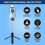 Kratos Selfie Stick Tripod Stand, 3 in 1 Multifunctional Design, Rechargable LED Light with Two Brighness Levels for Make up, Selfie & Photo Shoot, Selfie Stick with Bluetooth Remote (with Light) - Image 4