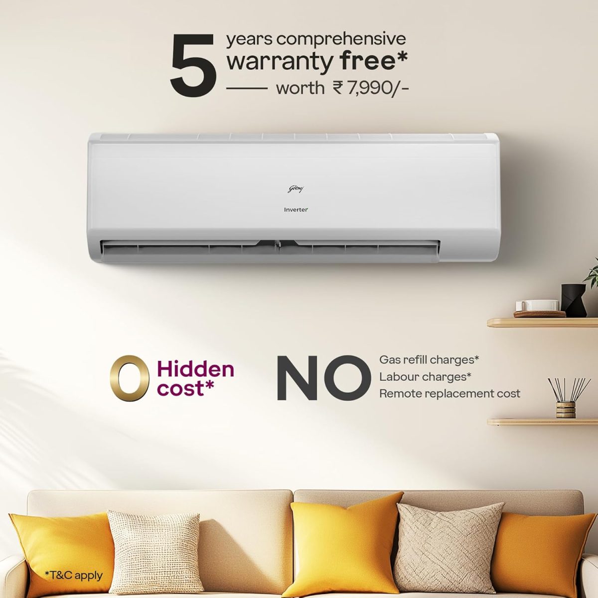 Godrej 2 Ton 3 Star, 5 Years Comprehensive Warranty, 5-In-1 Convertible Cooling, Inverter Split AC (Copper, 2025 Model, Heavy duty cooling at 52 °C, AC 2.0T EI 24I3T WZS, White) - Image 2