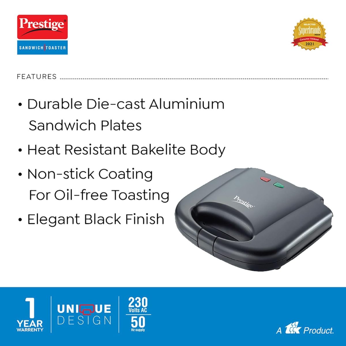Prestige PGMFB 800 Watt Grill Sandwich Toaster with Fixed Grill Plates, Black - Image 8