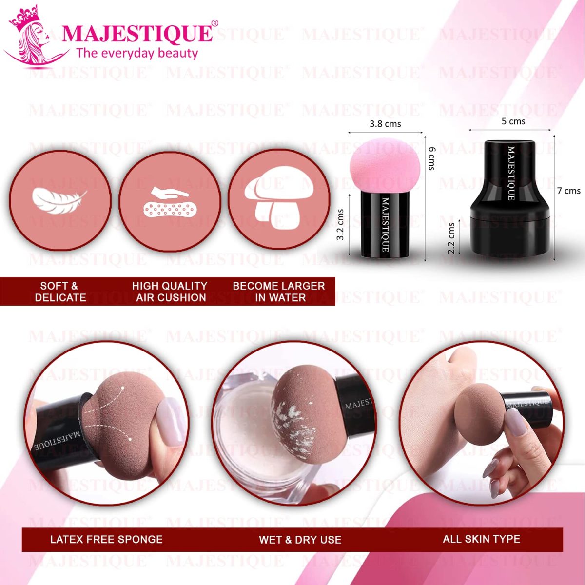Majestique Blender Beauty Foundation Sponge | Mushroom Blender with Handle Case | Dual-use Cosmetic Sponge for Dry/Wet Application | Makeup Sponge - Color May Vary - Image 2