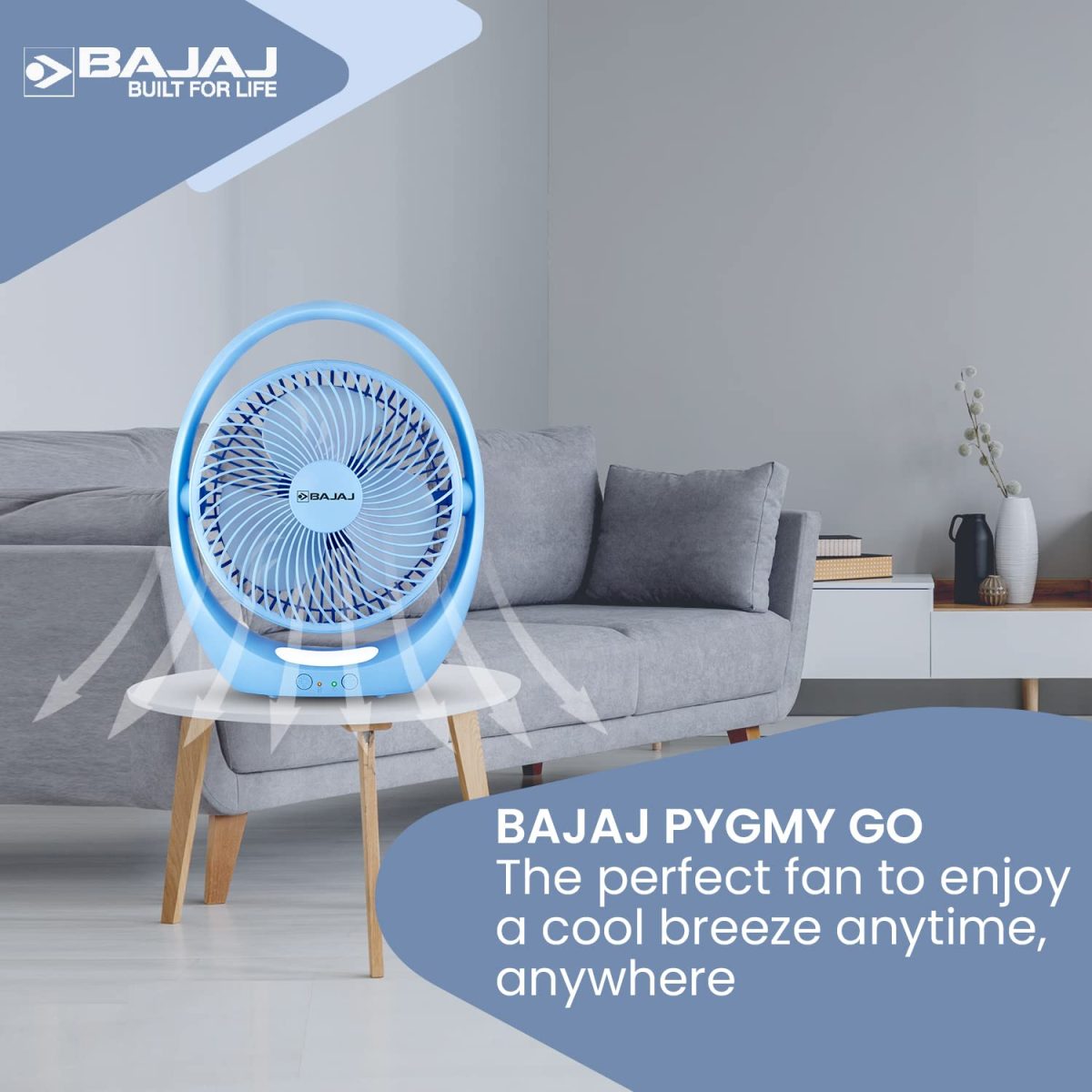 Bajaj Pygmy Go 178MM Mini Fan with LED Lighting | Rechargeable | USB Charging | 4-hours Battery Backup | 3 Speed | 2-Light Brightness Setting | High Speed | Portable【Blue】 - Image 2