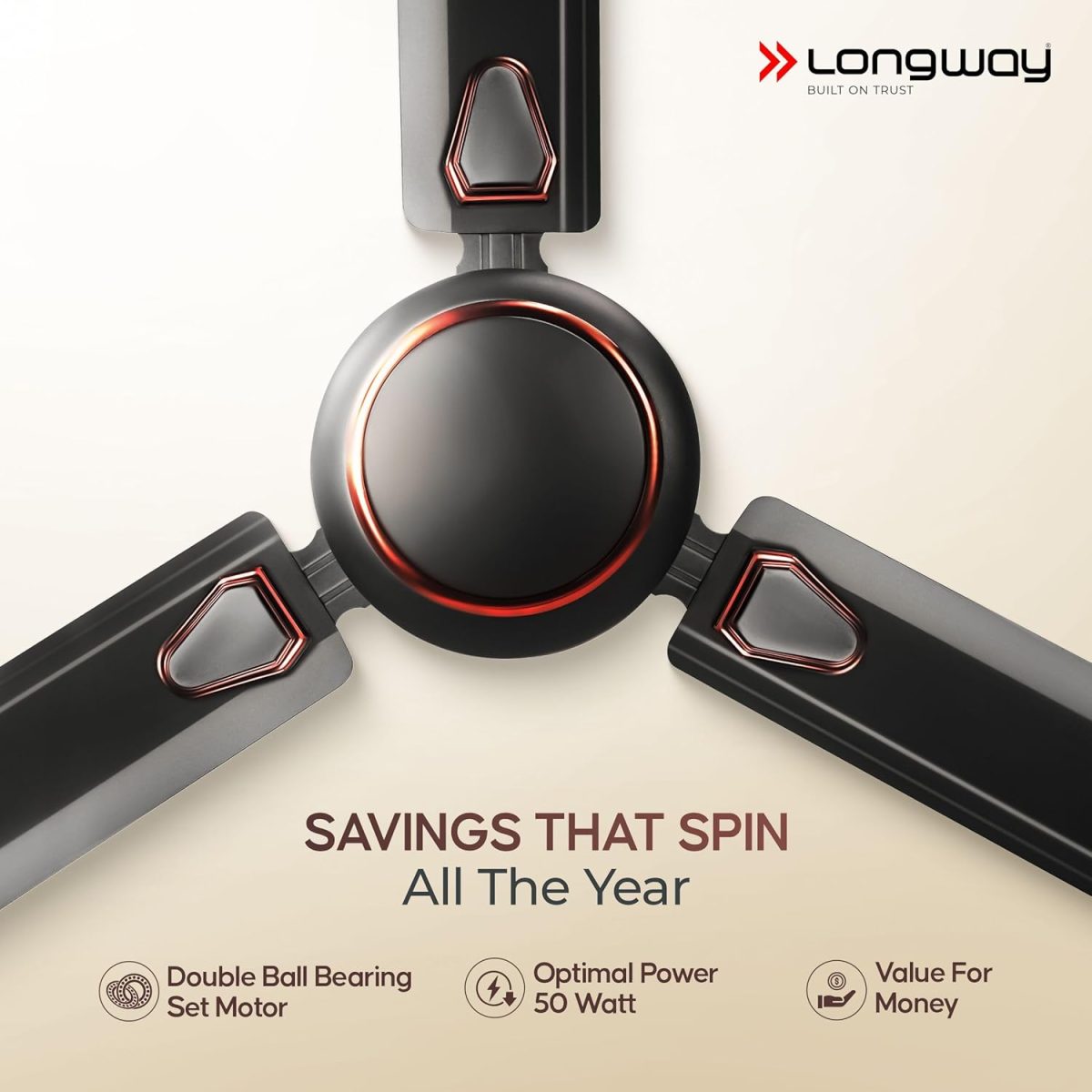 LONGWAY Kiger P1 1200 mm/48 inch Ultra High Speed 3 Blade Anti-Dust Decorative Star Rated Ceiling Fan (Smoked Brown, Pack of 1) - Image 4