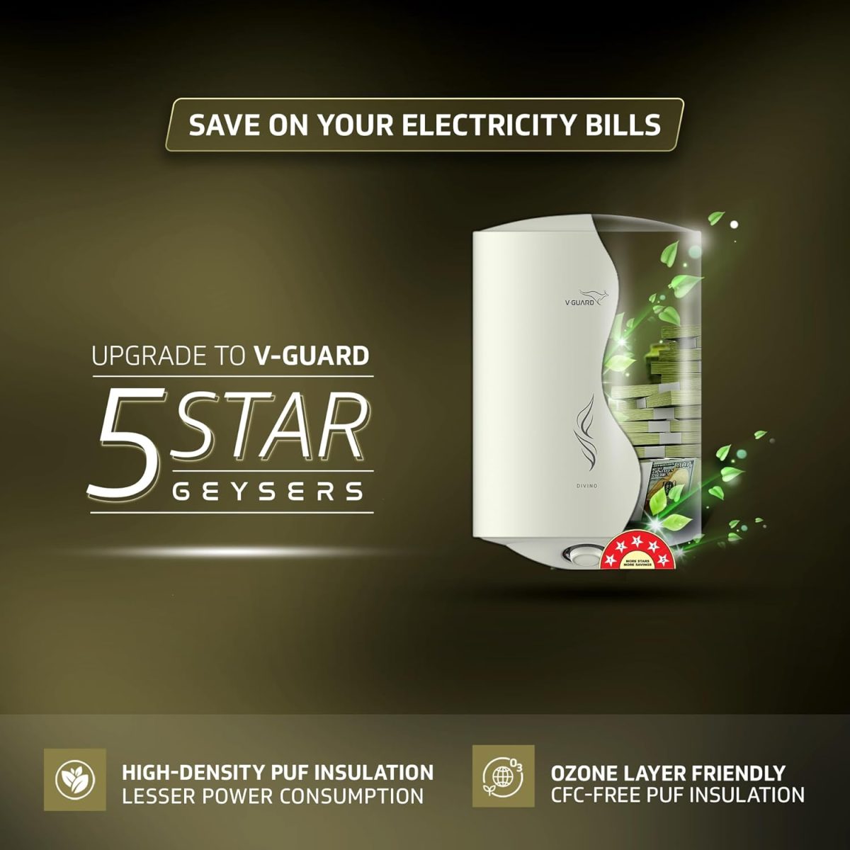 V-Guard Divino Geyser 15 Litre Wall Mount Water Heater For Home|5 Star Rating|Vitreous Enamel Tank Coating|Advanced Multi-Layered Safety|Suitable For Hard Water&High-Rise Buildings|White - Image 3