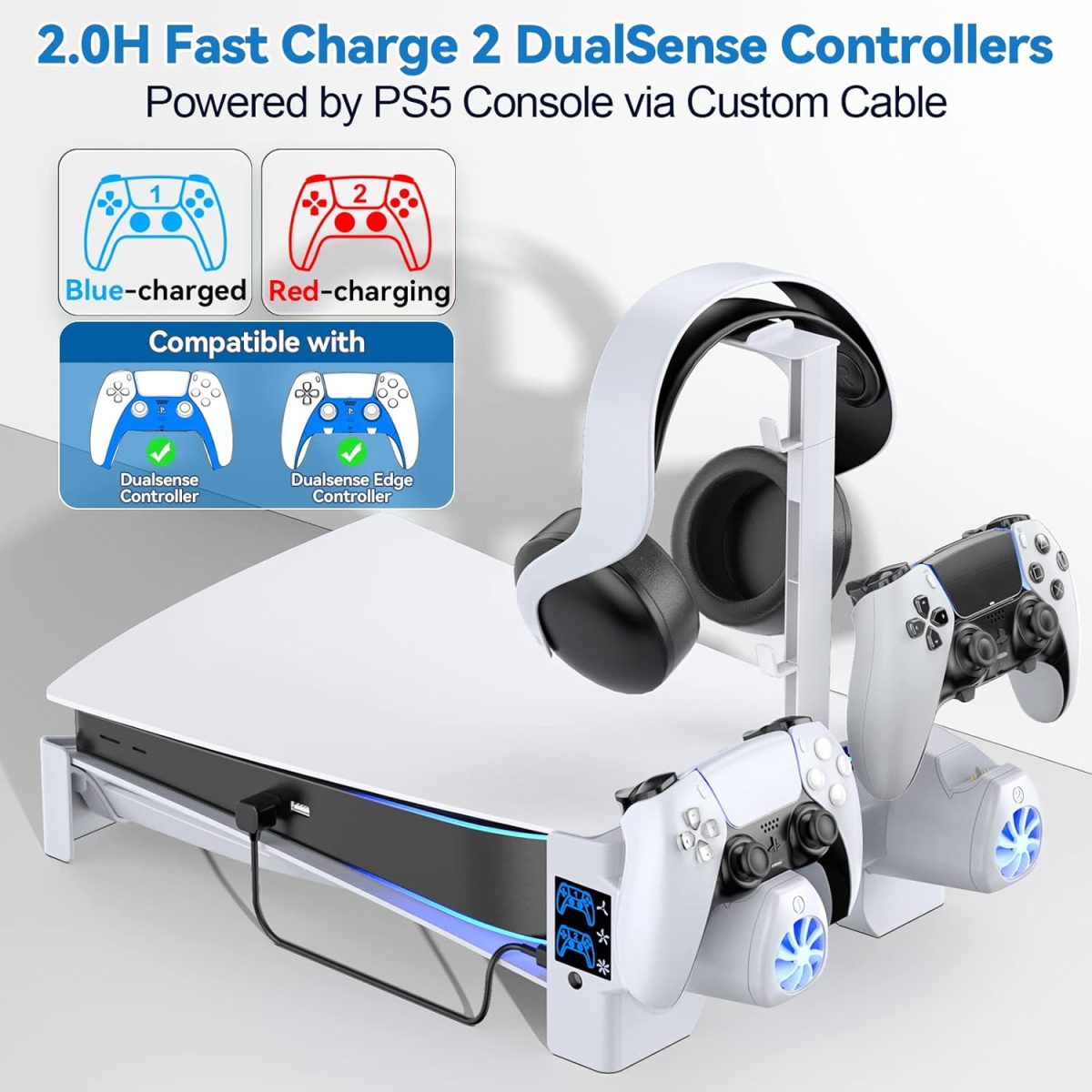 Tokluck Ps5 Horizontal Stand With 3-Level Cooling Fans For Ps 5 Console, Ps5 Accessories Cooling Stand With Ps5 Controller Charger, Ps5 Cooling Station With Headset Holder & Screw, Usb-C Cable - Image 4