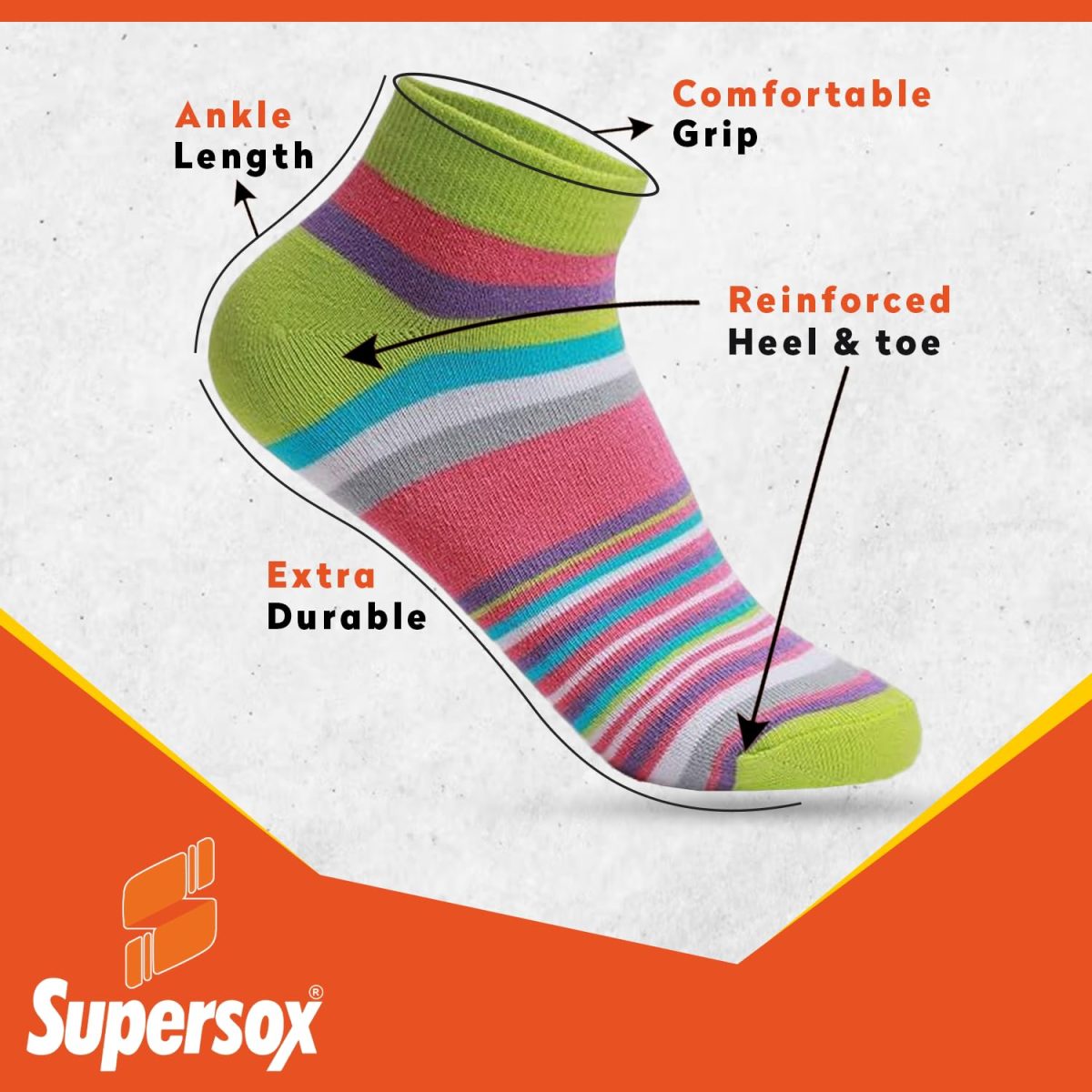 Supersox Ankle Socks for Women Made With Premium Cotton. Stylish Striped Design with Extra Softness, Anti Odour & Anti Bacterial - Free Size, Multicolor - Image 3