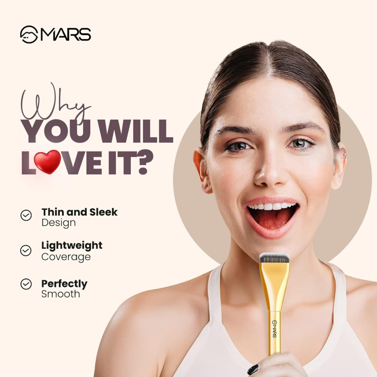 MARS Artist's Arsenal Ultra Thin Foundation Makeup Brush For Blending Liquid Foundation & Cream | Ultra Thin Bristles | Flawless Application | Sleek Design for Minimal Effort (Golden) - Image 3