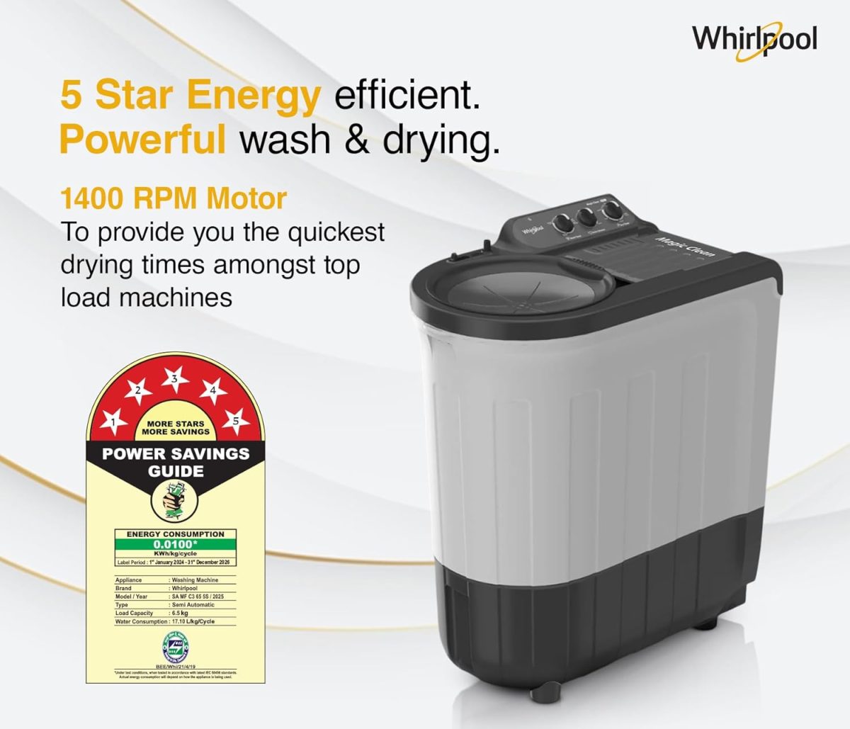 Whirlpool 6.5 Kg 5 Star Magic Clean Semi-Automatic Top Loading Washing Machine (MAGIC CLEAN 6.5 GREY, 4 Year Comprehensive Warranty, 1400 RPM Motor, 5 Year Motor Warranty) - Image 5