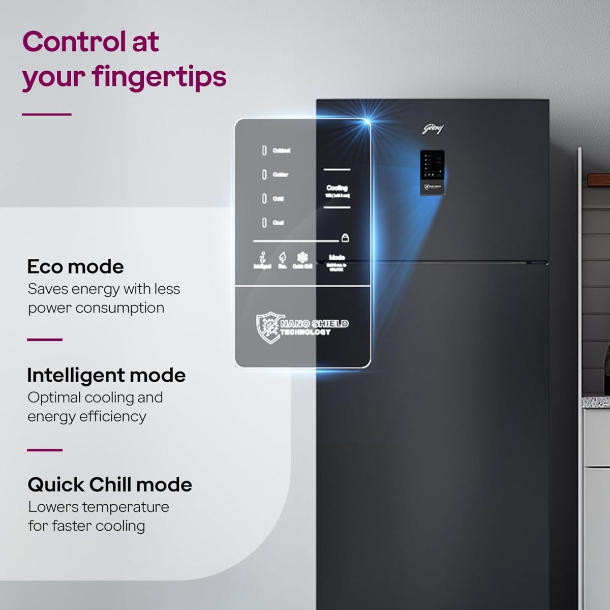 Godrej 436 L 2 Star With AI Tech, 95%+ Food Surface Disinfection With Nano Shield Technology Inverter Frost Free Double Door Regalis Refrigerator (RF EON 438B RCI MT BK, Matt Black) - Image 4