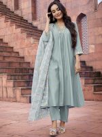 SHIENZY Women's Embroidered Work Chanderi Kurta & Pant With Dupatta || Straight Kurta Outfits || Ethnic Set (1656 Kurta Set) - Image 2