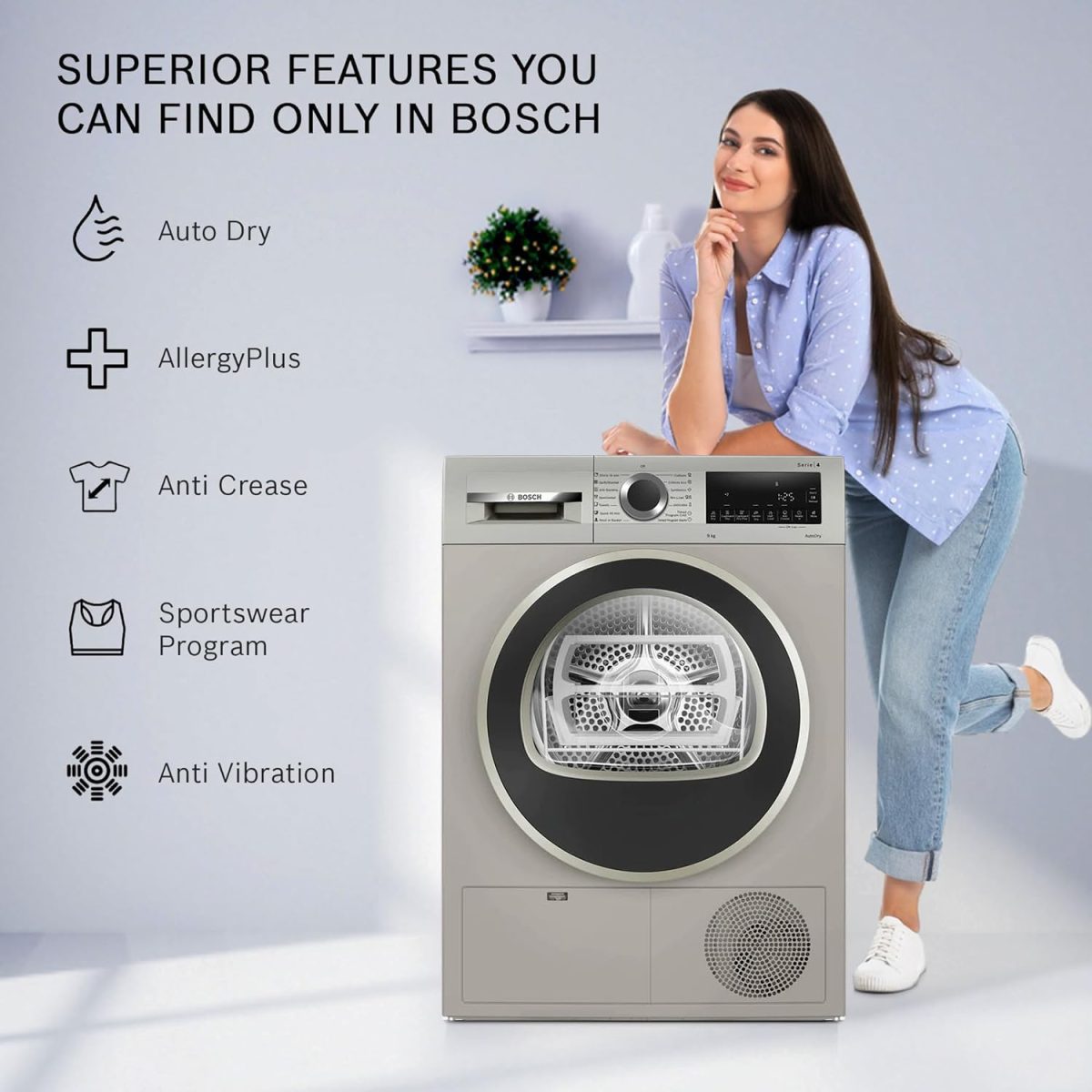 Bosch 9 kg Fully Automatic Front load Condenser Tumble Dryer WPG24108IN, Silver, Inbuilt Heater) - Image 3