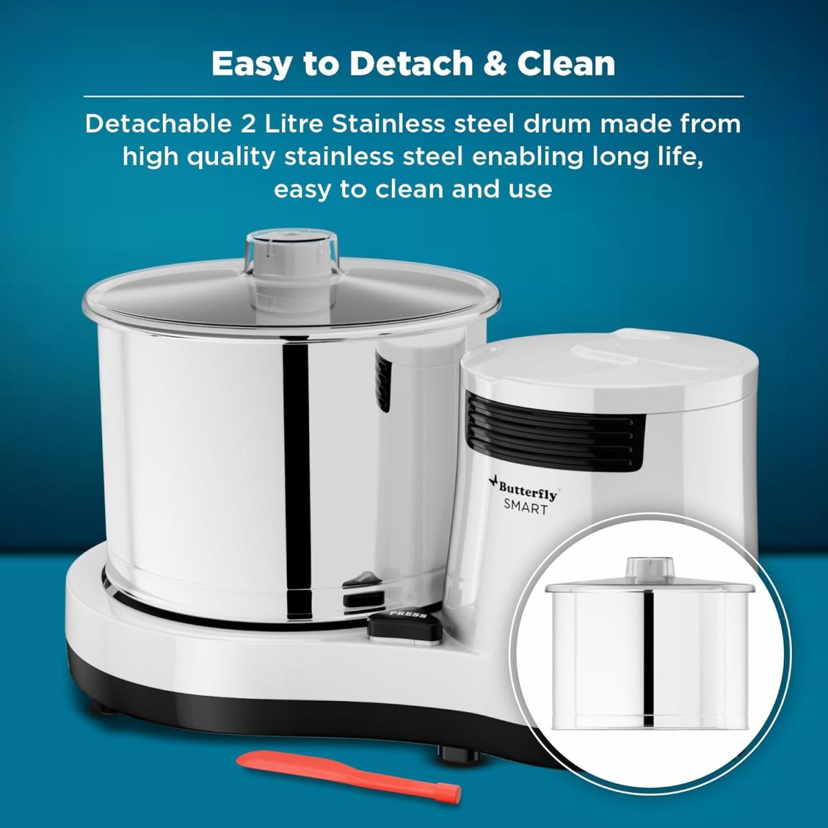 Butterfly Smart Wet Grinder, 2L (White) with Coconut Scrapper Attachment, Output - 150 W, Input 260 W - Image 6