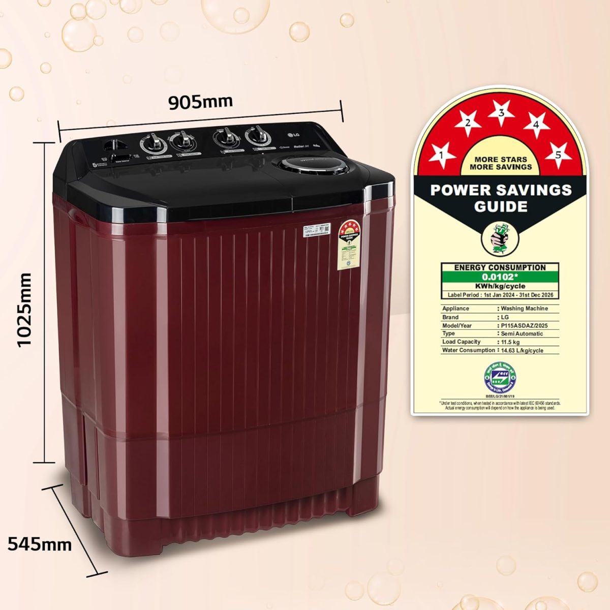 LG 11.5 kg, 5 Star, Roller Jet Pulsator with Soak, Wind Jet Dry Technology, Semi-Automatic Top Load Washing Machine (2025 Model, P115ASDAZ, Smart Filter & Rat Away feature) - Image 4