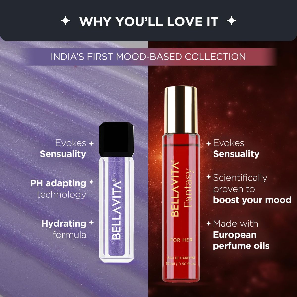 BELLAVITA Mood Enhancing Seduction Lip Gloss and Perfume Combo pack | Gift set | Mood Duos Perfume 15ml & Mood Matching pH Adapting Lip Gloss 4ml | Hydrating and Glossy Finish - Image 3