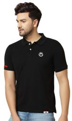 London Hills Men's Half Sleeve Cotton Blend Casual Polo Neck Regular Fit Non-Shrinkable Black T-Shirt (with Badge on Chest) - Image 2
