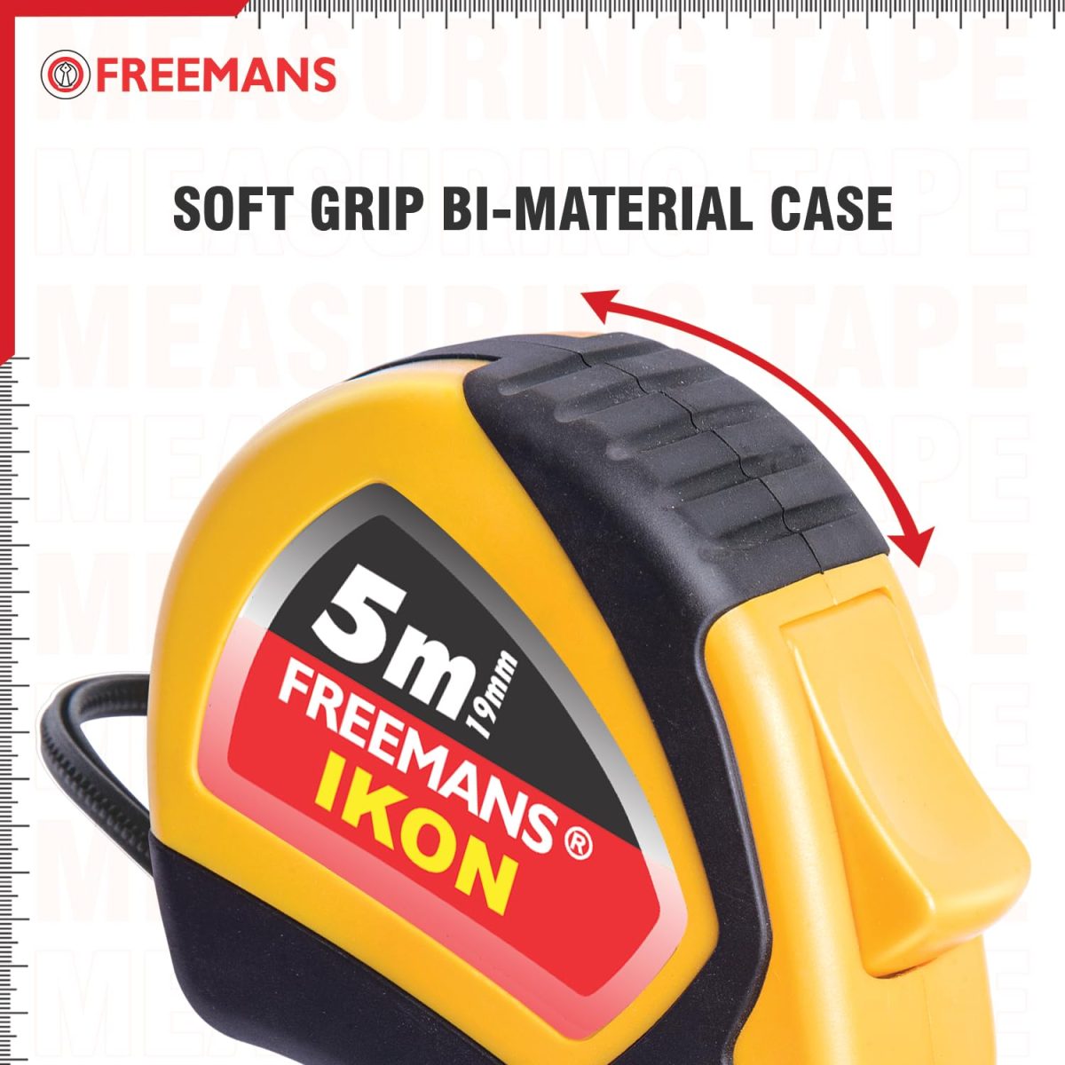 FREEMANS IKON 5m:19mm Steel Inchi Measuring Tape - 5m (Yellow & Black) With Unbreakable ABS case || Soft Grip Bi-material Case || Auto-lock and Belt Clip - Image 5