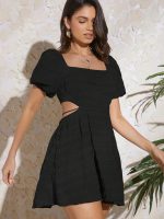 Aahwan Solid Summer Beach Square Neck Puff Sleeve Cut Out Waist Mini Dress For Women's & Girls - Image 9