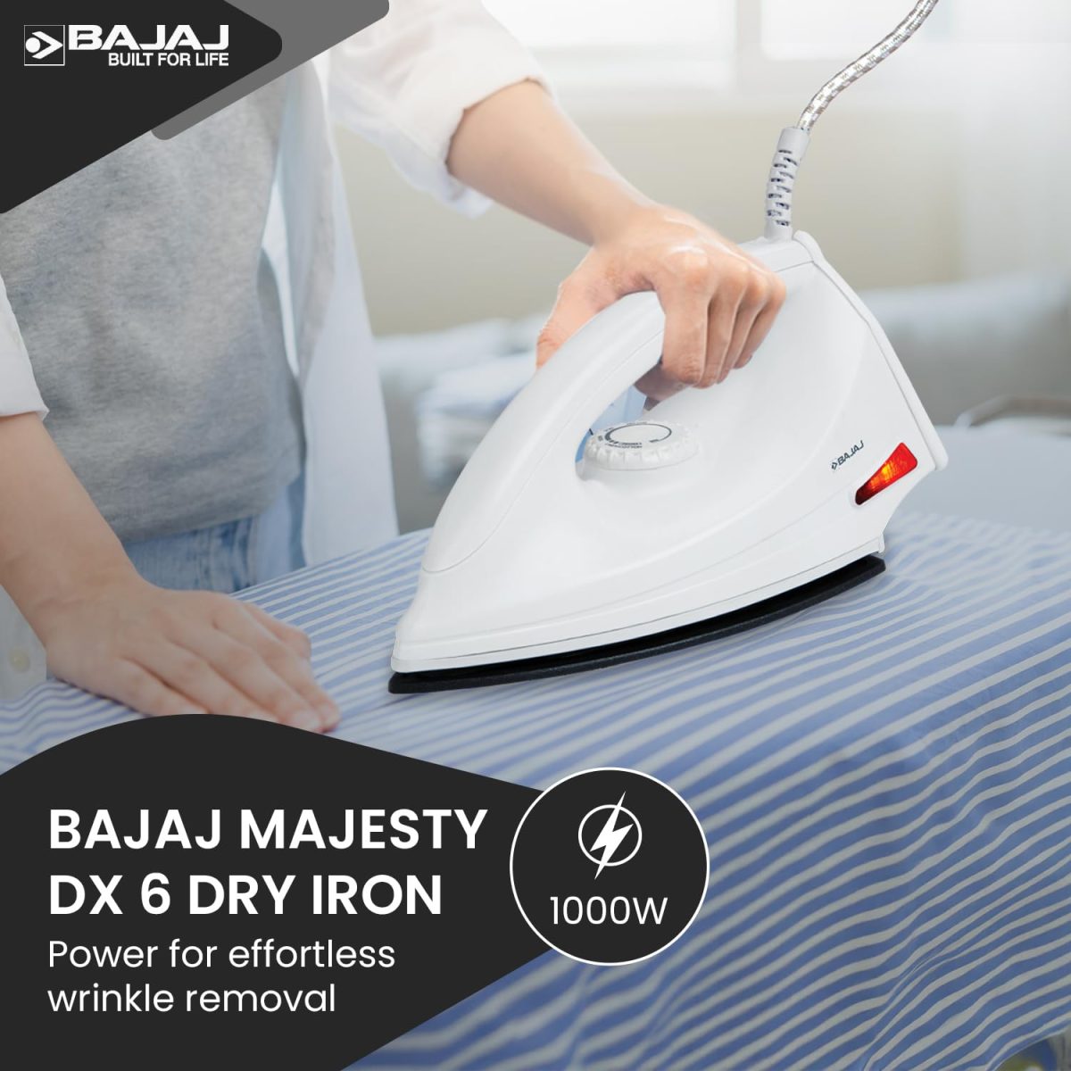 Bajaj DX-6 1000 Watts Dry Iron with Advance Soleplate and Anti-bacterial German Coating Technology, White, Plastic - Image 2