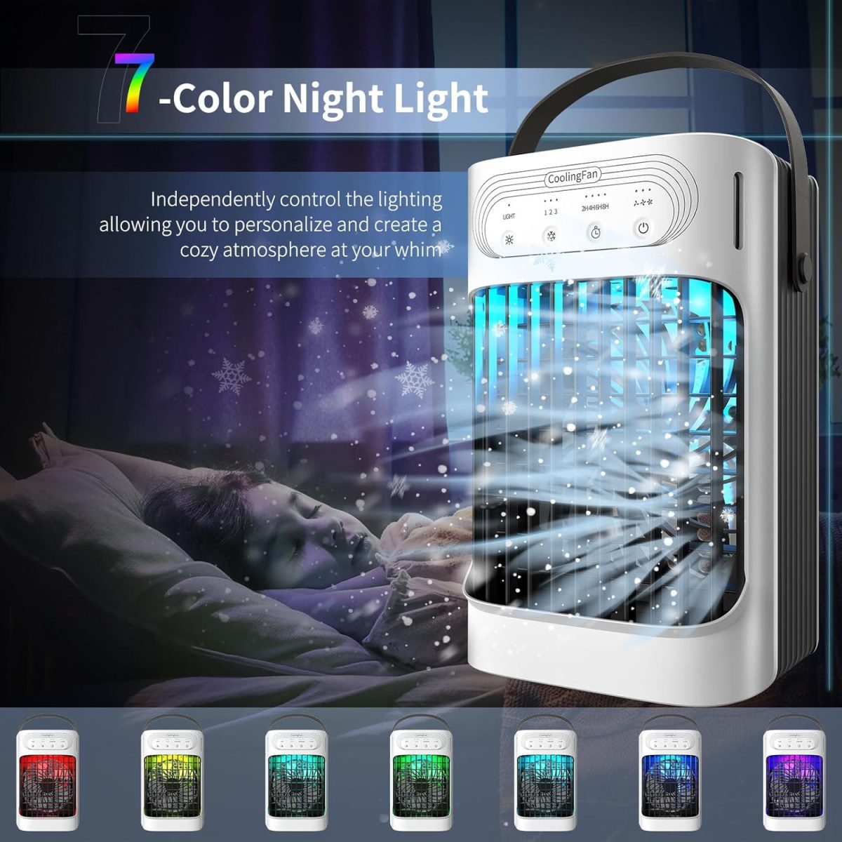 Portable Air Conditioners Cooling Fan, 3 in 1 Evaporative Air Cooler, Portable AC Unit with 3 Speeds, 3 Cool Mists, 4 Timers, 7 Color Lights, Personal Desktop Mini Cooling Fan for Room Camping Car - Image 6