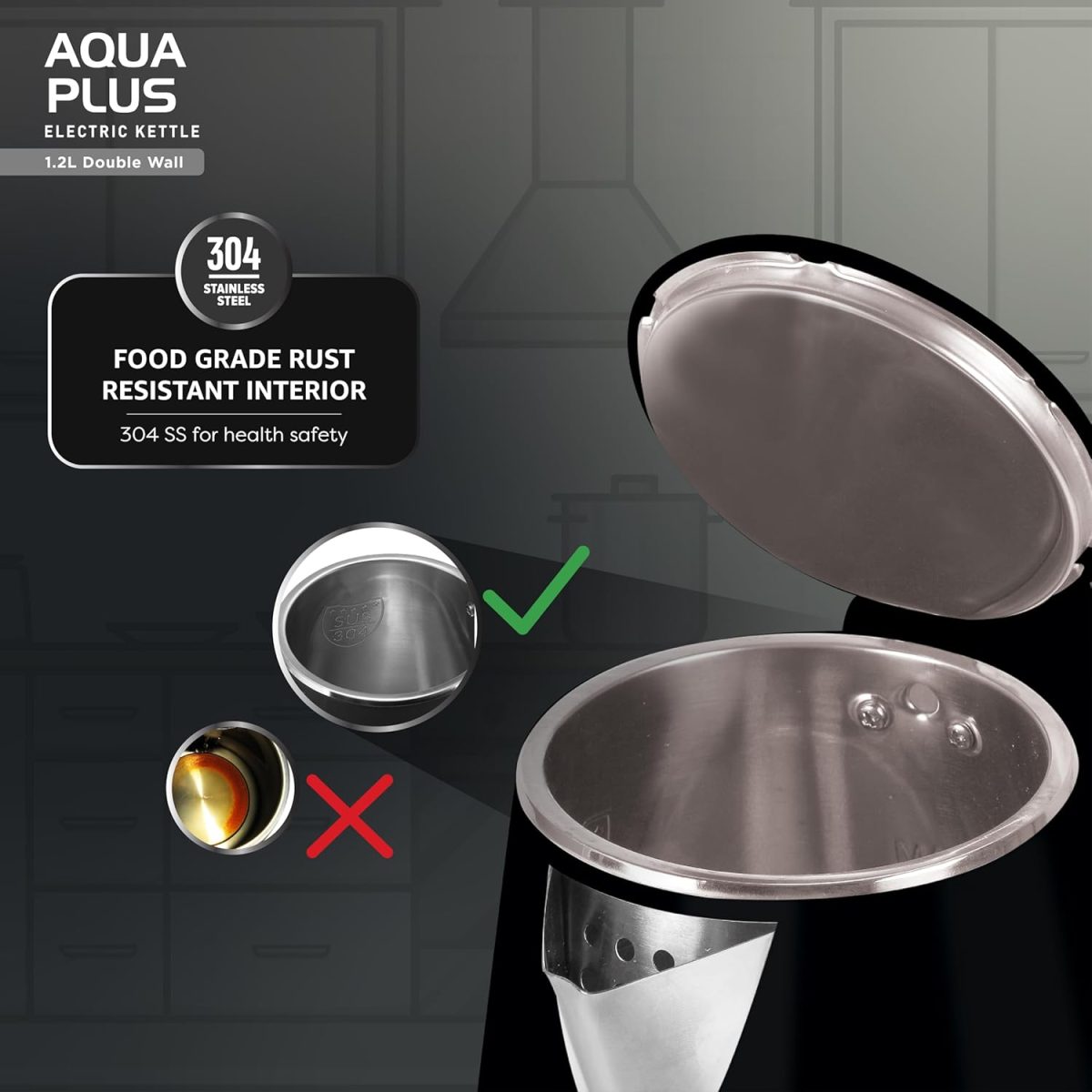 Havells Aqua Plus Electric Kettle 1.2 Litre, 1250 Watt | 304 Stainless Steel Inner Body | Cool Touch Body | Auto Shut-Off |Wider Mouth| 2 Year Warranty (Black) - Image 8