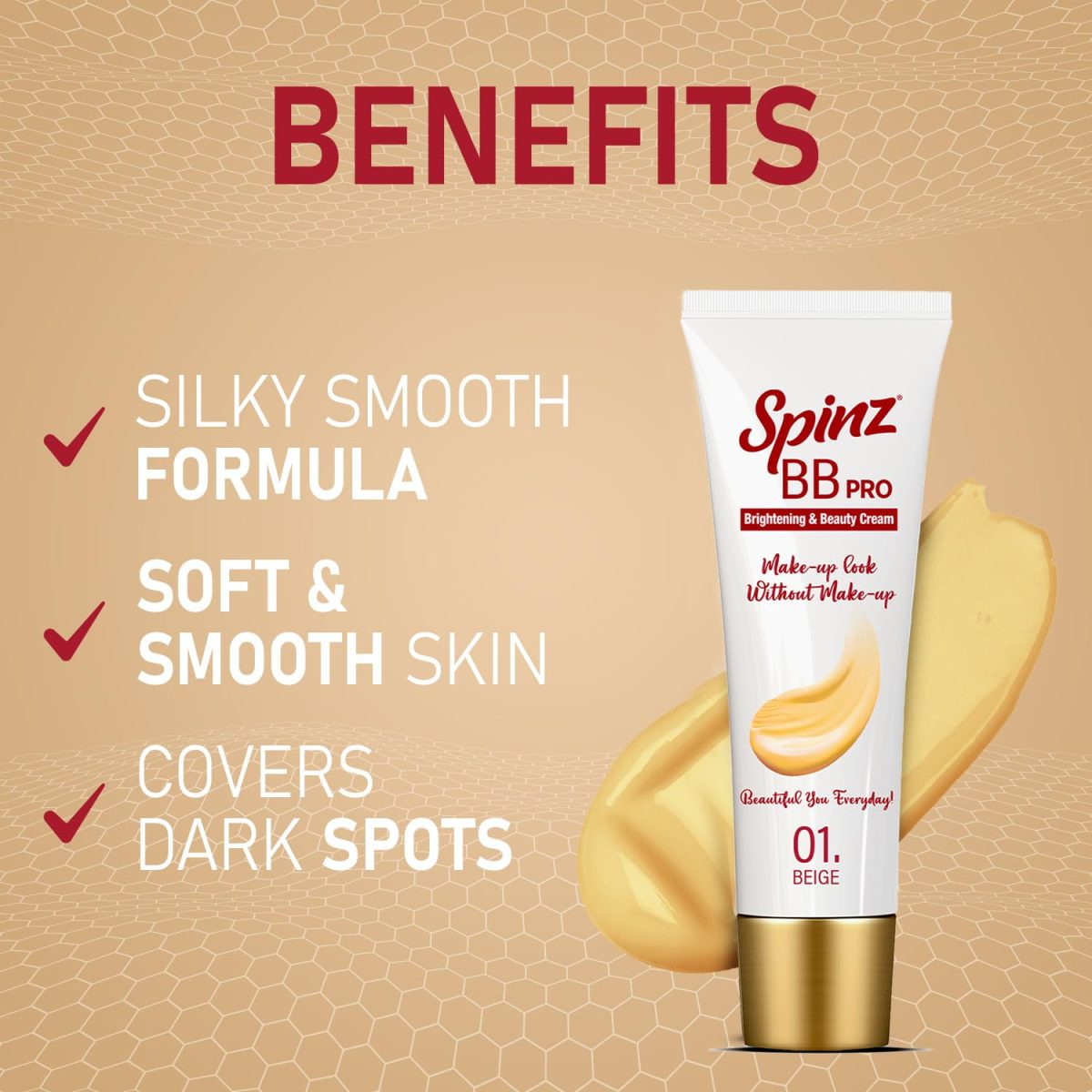 SpinZ Bb Pro Brightening & Beauty Full Coverage Radiant Face Cream With Spf 20 Pa++ (Beige 01) All-In-One Daily Cream With Silky Smooth Formula Instant Brightness, Covers Dark Spots (29G) - Image 6