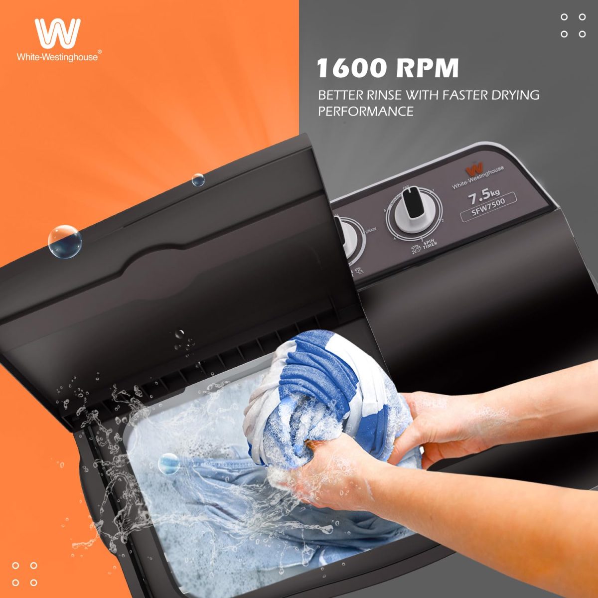 White Westinghouse 7.5 kg 3D Wash Semi Automatic Top Loading Washing Machine (SFW7500/ BLACK/ 2023) - Image 11