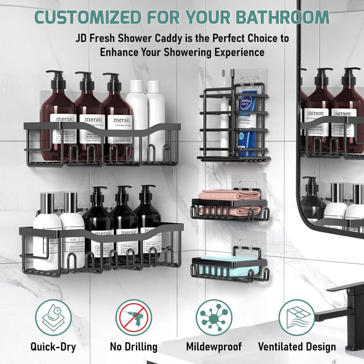 JD FRESH 5 in 1 Self Adhesive Shelf Organizer Combo/Metal Racks and Shelves for Wall/Stand for Bathroom Without Drill/Soap Holder with Tooth Brush Holder/Bathroom Accessories(Black) - Image 5