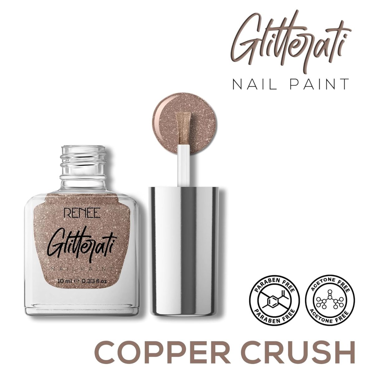 RENEE Glitterati Nail Paint - Copper Crush 10ml, Quick Drying, Glittery Finish, Long Lasting, Chip resisting Formula with High Glitter & Full Coverage, Acetone & Paraben Free - Image 5